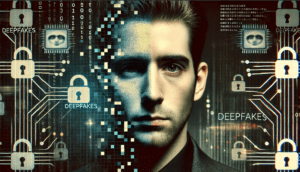 A visually striking image representing the concept of deepfakes, showing a split image of a person's face, half real and half digitally manipulated, with a background that hints at cybersecurity and digital fraud